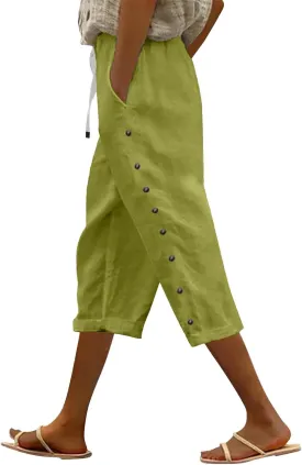 Women's Capri Pants Petite Side Button Elastic Waist Drawstring Lightweight Trousers with Pockets Dressy Casual