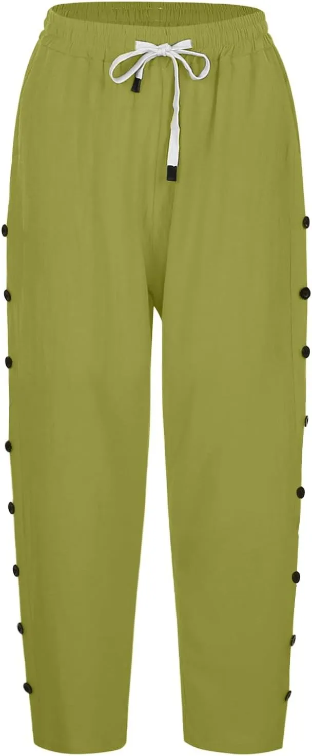 Women's Capri Pants Petite Side Button Elastic Waist Drawstring Lightweight Trousers with Pockets Dressy Casual