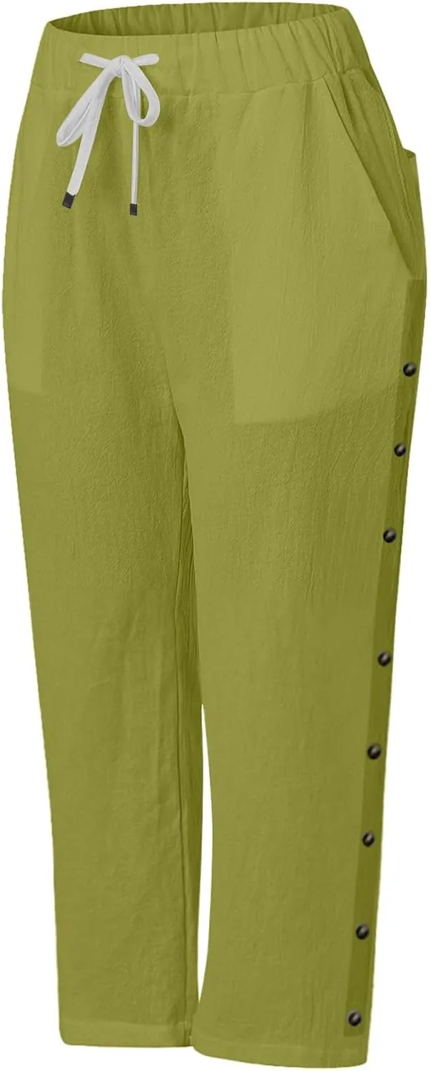 Women's Capri Pants Petite Side Button Elastic Waist Drawstring Lightweight Trousers with Pockets Dressy Casual