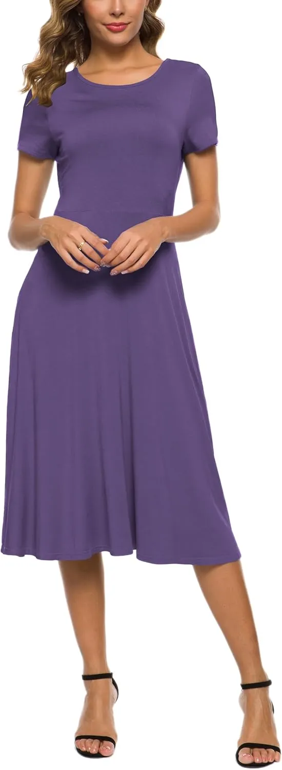 Women's Casual Round Neck Short Sleeve Midi Dress Solid Stretchy Waist Knee Long Dress