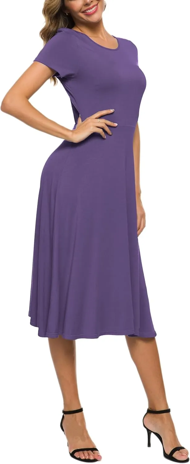 Women's Casual Round Neck Short Sleeve Midi Dress Solid Stretchy Waist Knee Long Dress