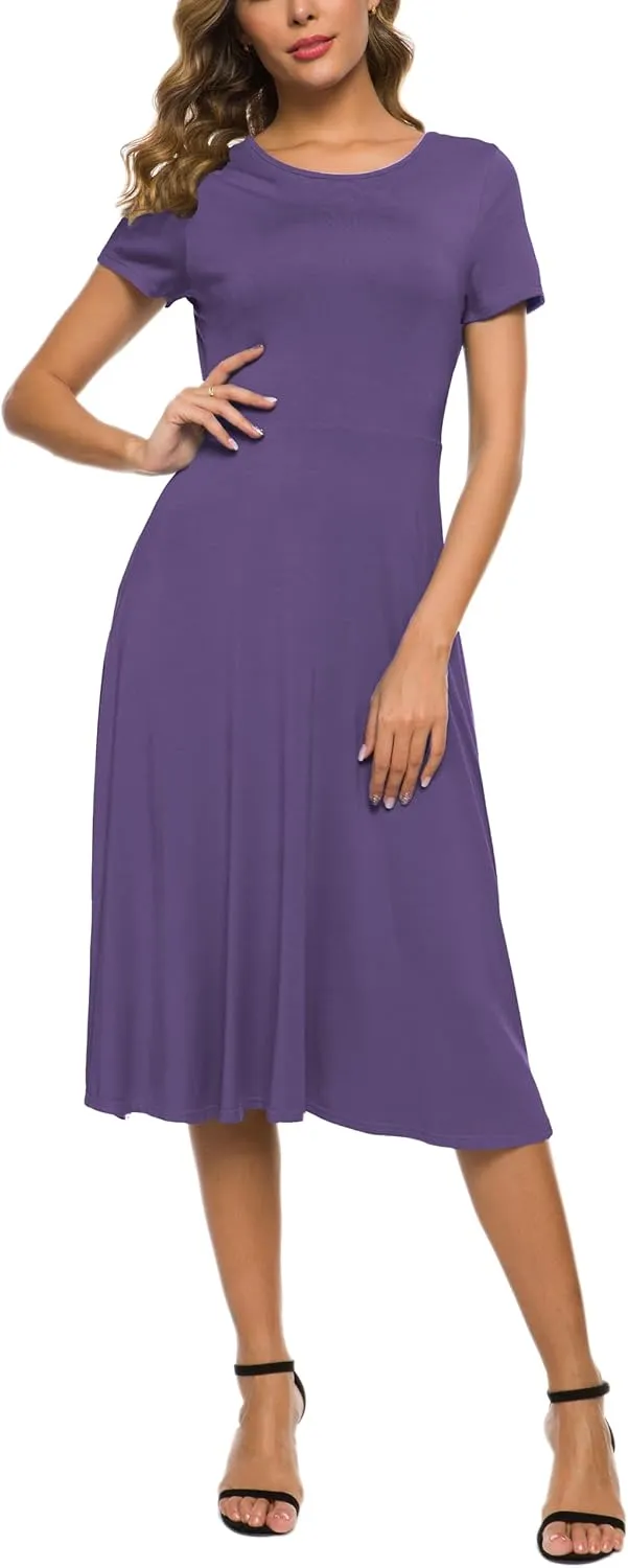 Women's Casual Round Neck Short Sleeve Midi Dress Solid Stretchy Waist Knee Long Dress