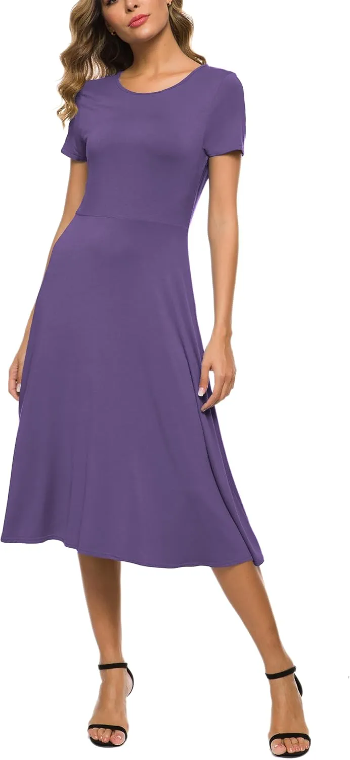 Women's Casual Round Neck Short Sleeve Midi Dress Solid Stretchy Waist Knee Long Dress
