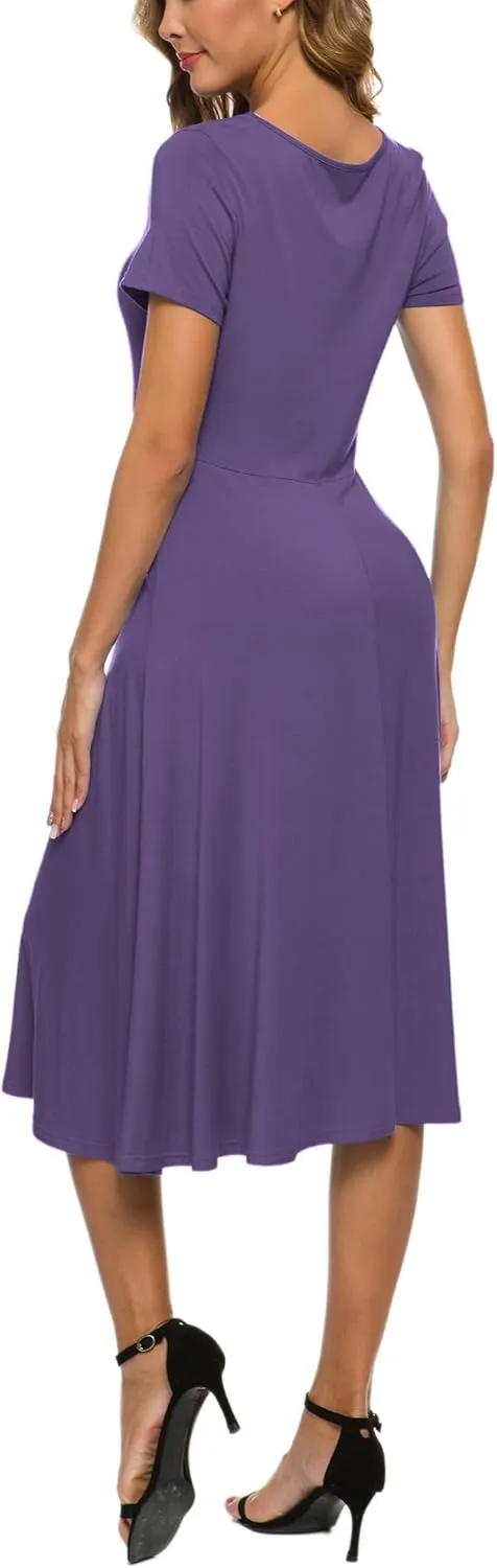 Women's Casual Round Neck Short Sleeve Midi Dress Solid Stretchy Waist Knee Long Dress