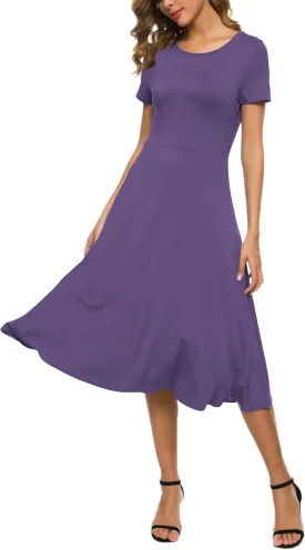 Women's Casual Round Neck Short Sleeve Midi Dress Solid Stretchy Waist Knee Long Dress