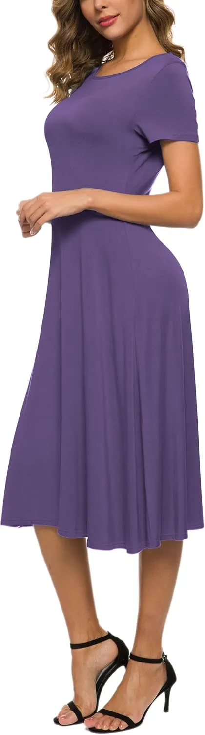 Women's Casual Round Neck Short Sleeve Midi Dress Solid Stretchy Waist Knee Long Dress