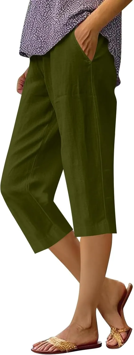 Women's Cropped Loose Pants Solid Color Casual Summer Trousers Comfortable Lightweight Lounge Wear