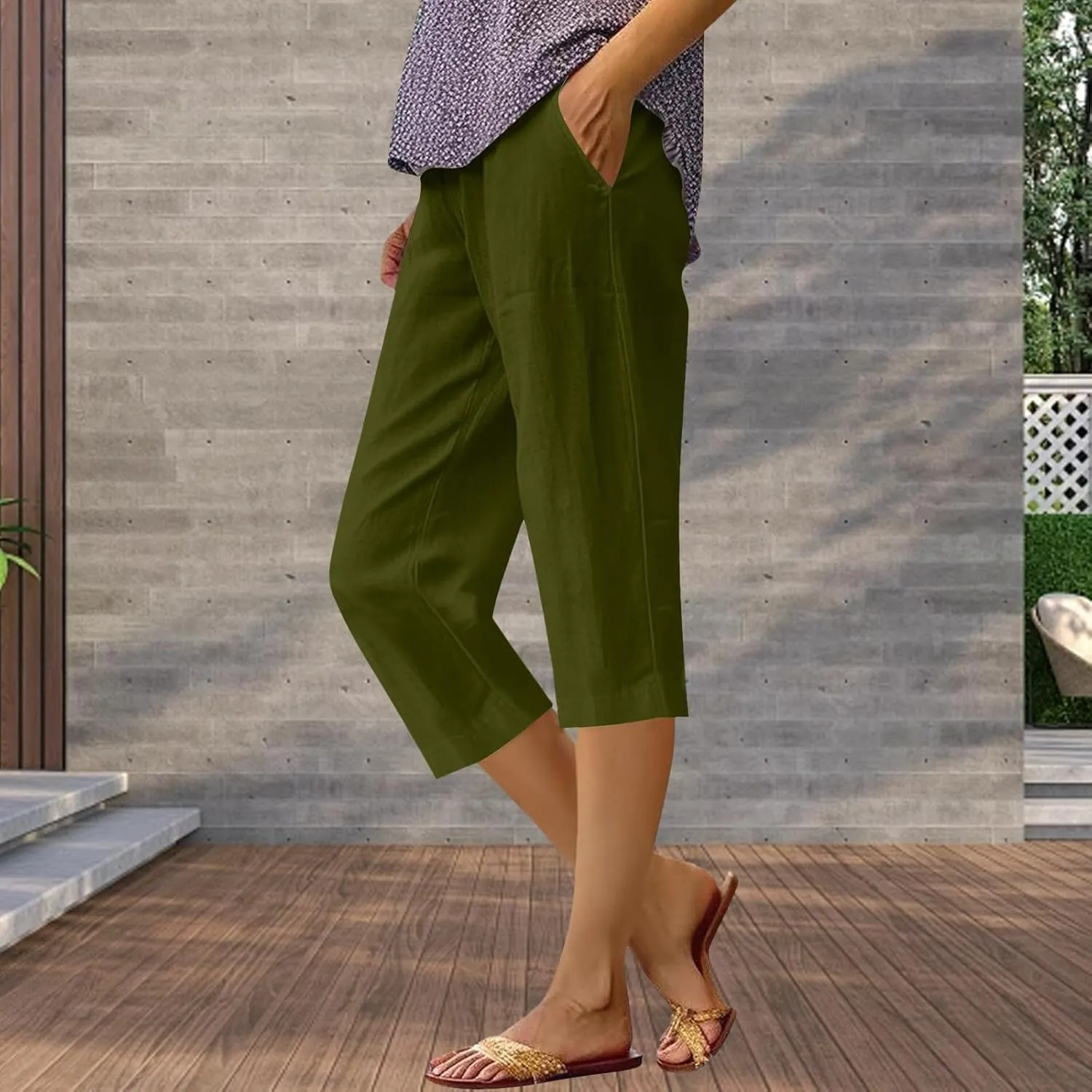 Women's Cropped Loose Pants Solid Color Casual Summer Trousers Comfortable Lightweight Lounge Wear