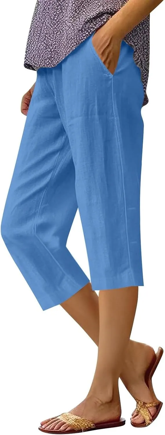 Women's Cropped Loose Pants Solid Color Casual Summer Trousers Comfortable Lightweight Lounge Wear
