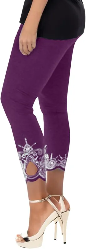 Women's High Waist Lace Trim Leggings, Stretchy Slim Fit Full Length Skinny Pants for Spring/Fall
