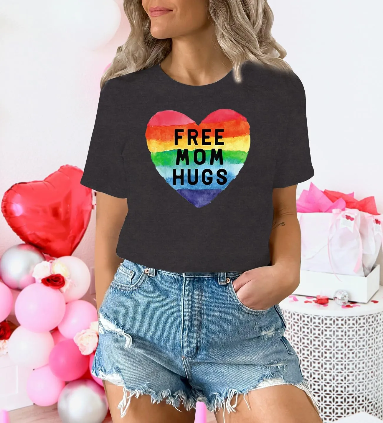 Womens LGBTQ Pride Shirts Free Mom Hugs Ally T-Shirt Rainbow Gay Less Pride Short Sleeve