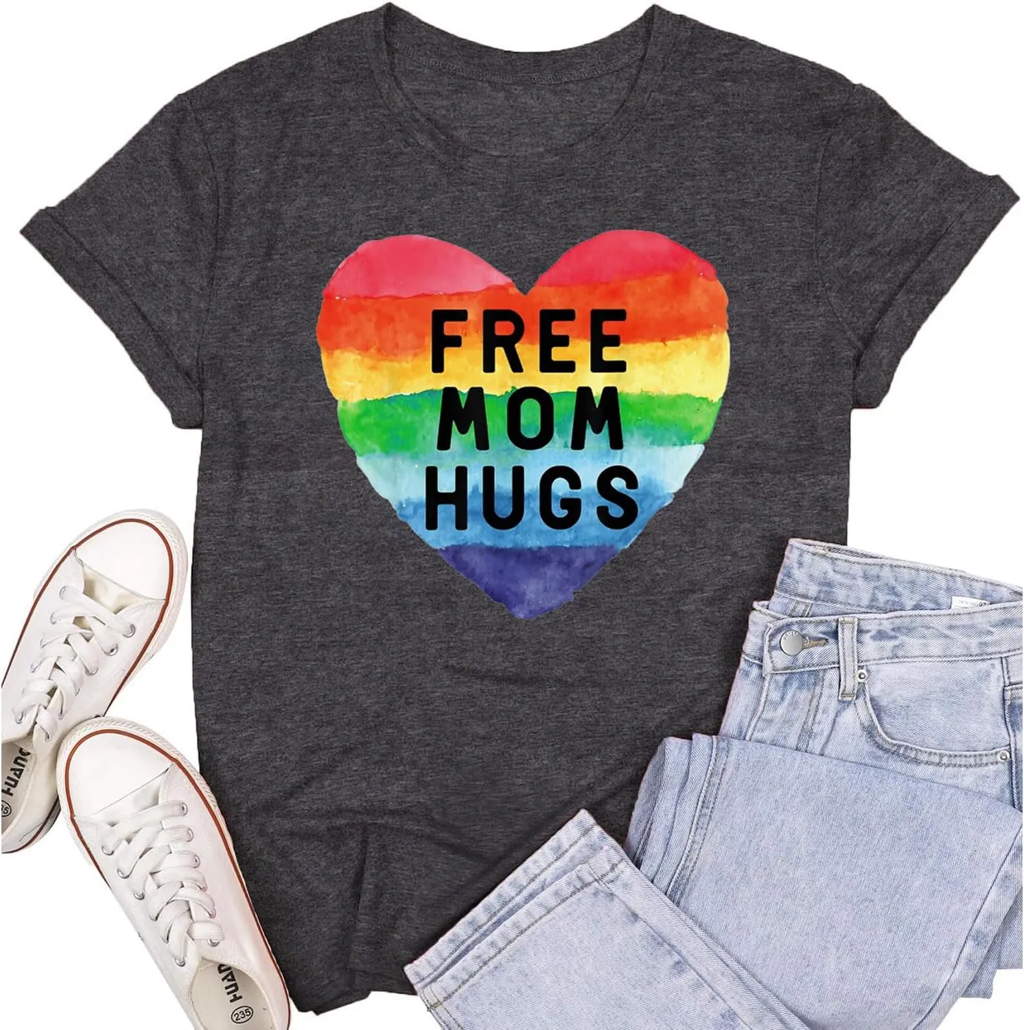 Womens LGBTQ Pride Shirts Free Mom Hugs Ally T-Shirt Rainbow Gay Less Pride Short Sleeve