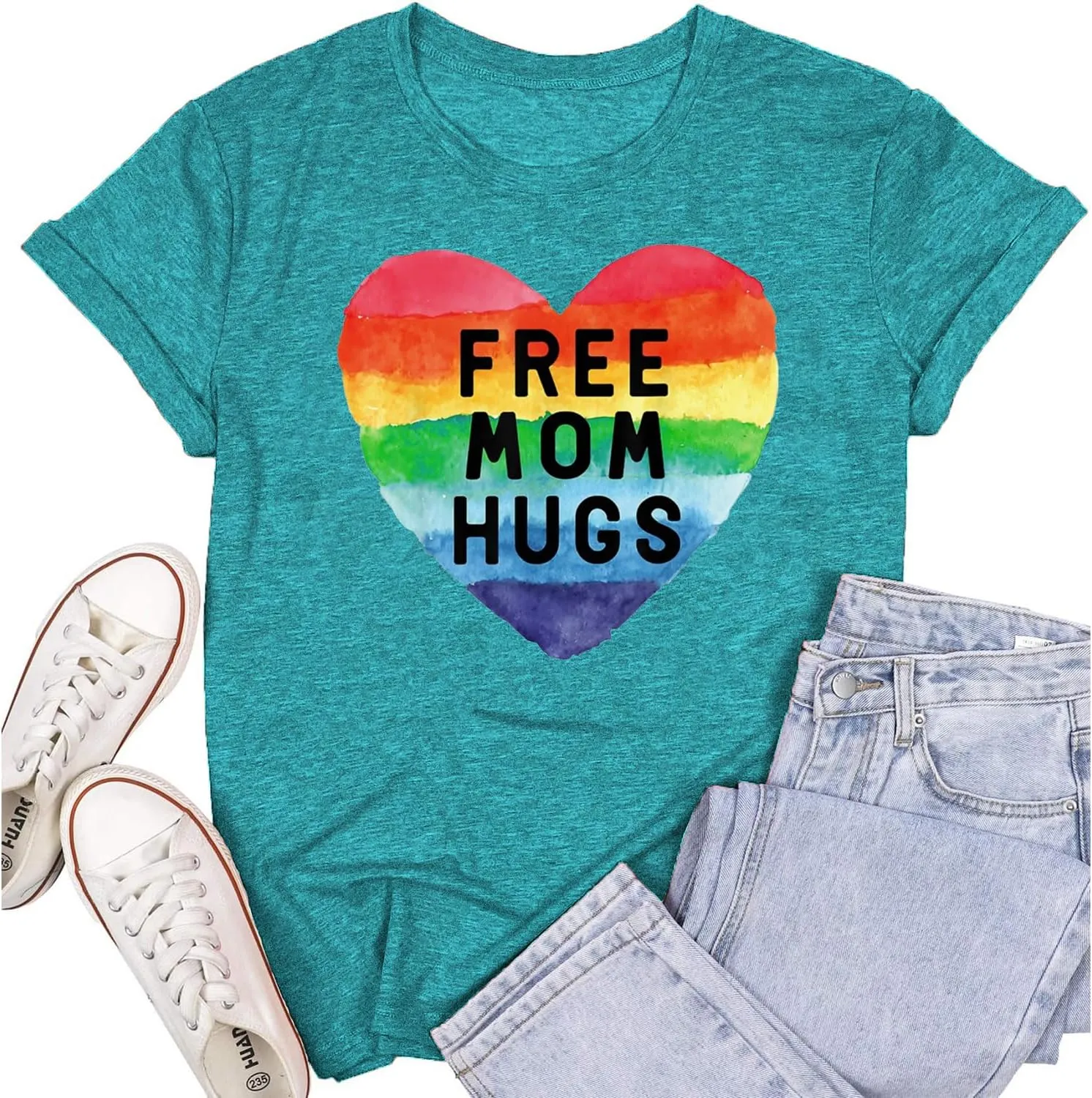 Womens LGBTQ Pride Shirts Free Mom Hugs Ally T-Shirt Rainbow Gay Less Pride Short Sleeve