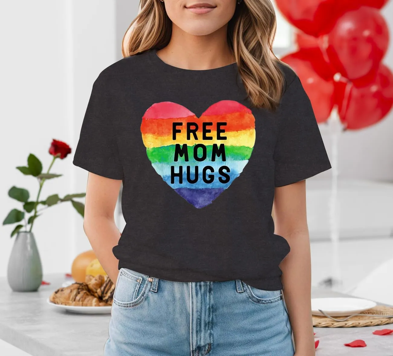 Womens LGBTQ Pride Shirts Free Mom Hugs Ally T-Shirt Rainbow Gay Less Pride Short Sleeve