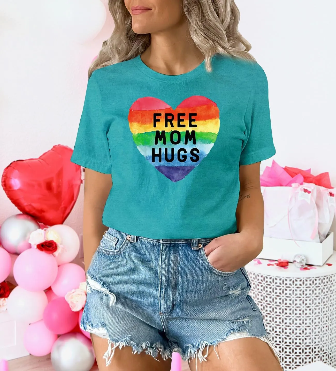Womens LGBTQ Pride Shirts Free Mom Hugs Ally T-Shirt Rainbow Gay Less Pride Short Sleeve
