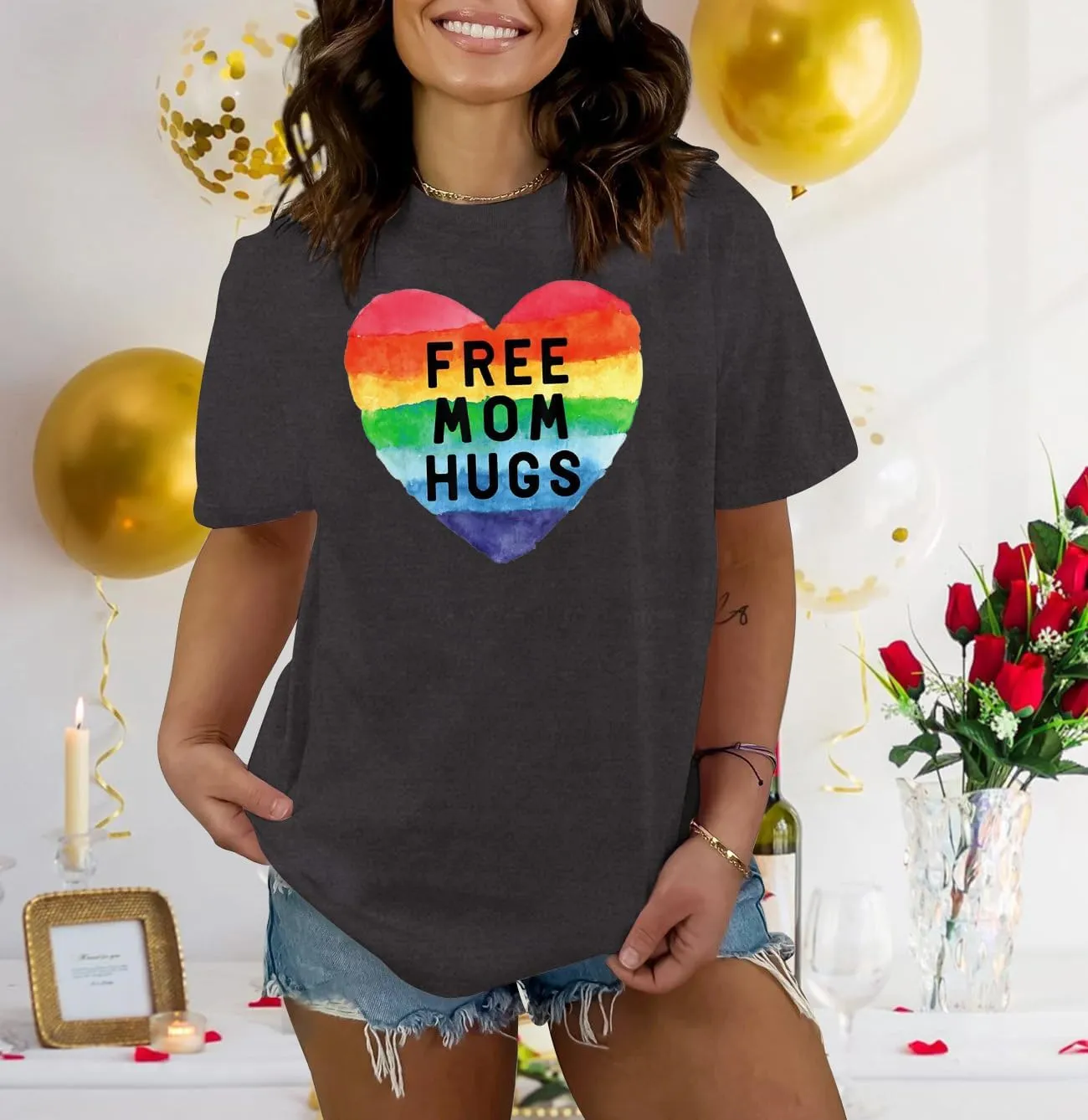 Womens LGBTQ Pride Shirts Free Mom Hugs Ally T-Shirt Rainbow Gay Less Pride Short Sleeve