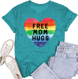 Womens LGBTQ Pride Shirts Free Mom Hugs Ally T-Shirt Rainbow Gay Less Pride Short Sleeve