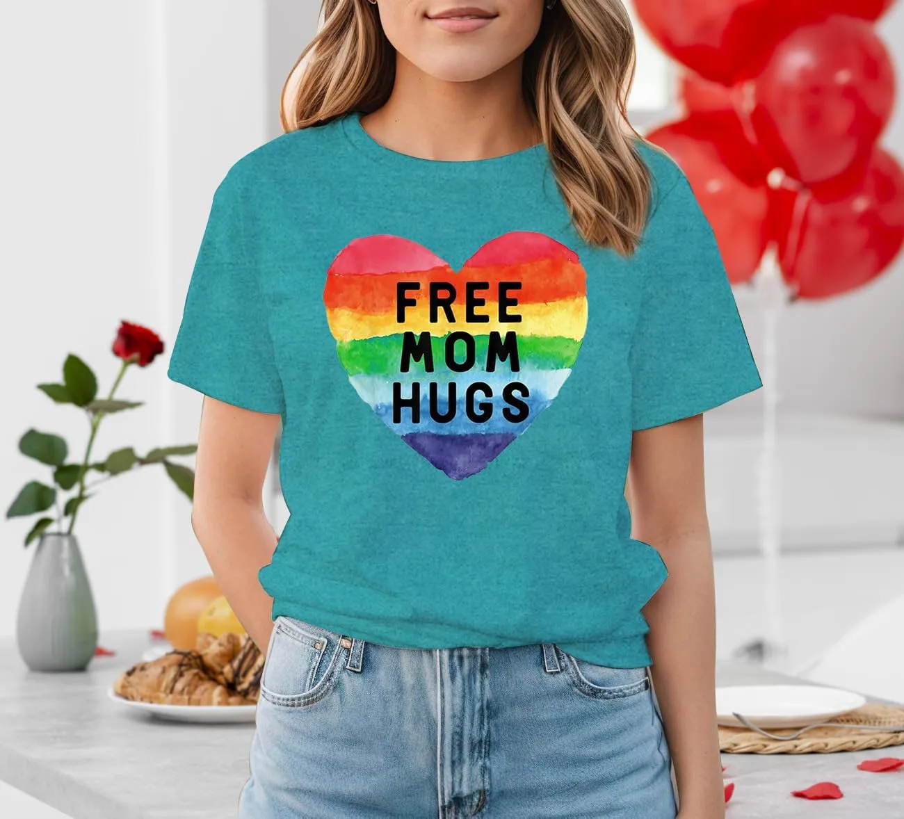 Womens LGBTQ Pride Shirts Free Mom Hugs Ally T-Shirt Rainbow Gay Less Pride Short Sleeve