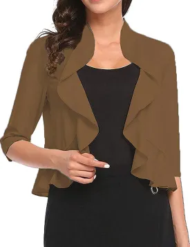 Women's Open Front Cropped Cardigan 3/4 Sleeve Casual Shrugs Jacket Draped Ruffles Bolero Cardigan