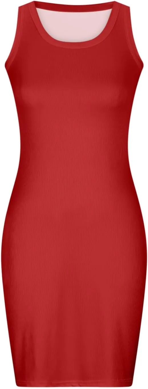 Women's Ribbed Knit Mini Dresses Sexy Bodycon Sleeveless Tank Dress Solid Crewneck Casual Tummy Control Dresses