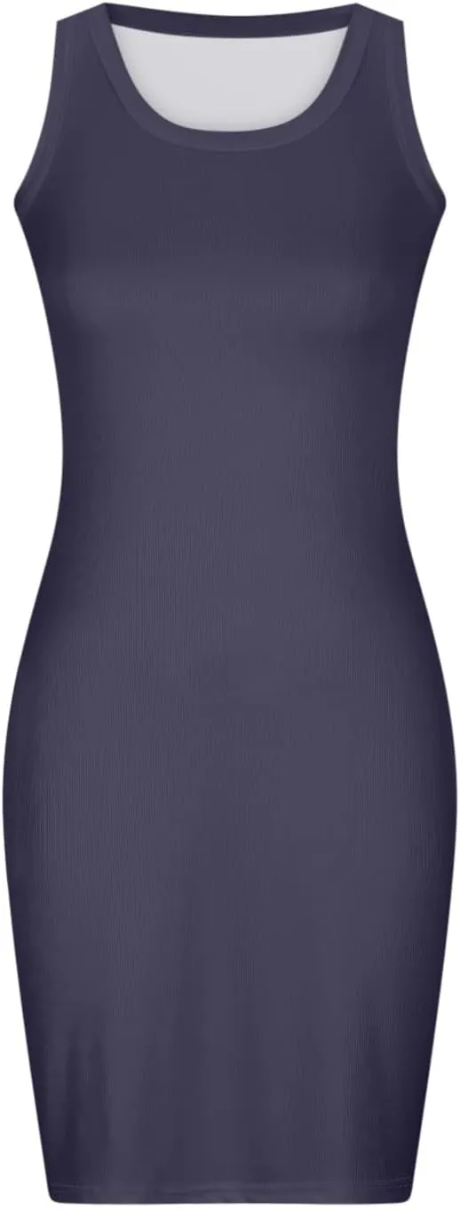 Women's Ribbed Knit Mini Dresses Sexy Bodycon Sleeveless Tank Dress Solid Crewneck Casual Tummy Control Dresses