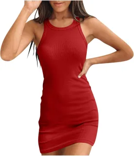 Women's Ribbed Knit Mini Dresses Sexy Bodycon Sleeveless Tank Dress Solid Crewneck Casual Tummy Control Dresses