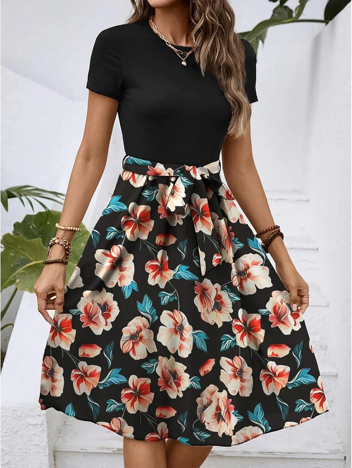 Women's Short Sleeve Dresses Empire Waist Floral Printing Crewneck Color Blocked Belt Casual Midi Length Dress