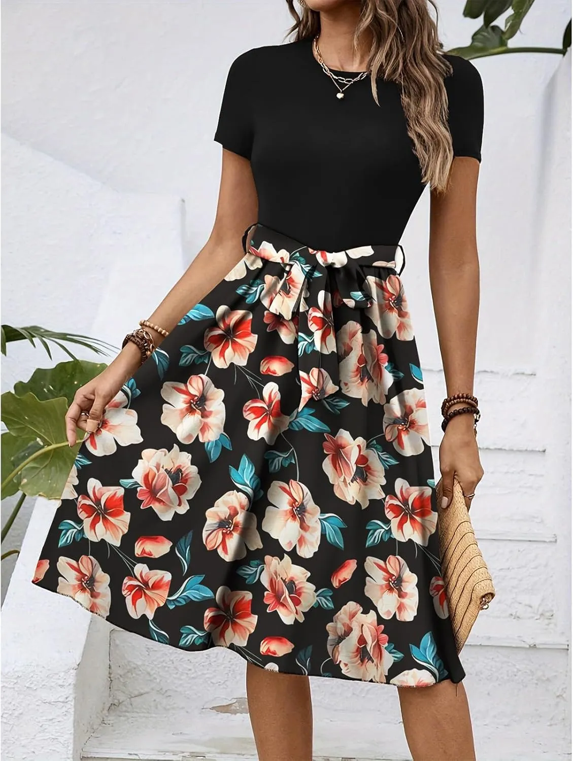 Women's Short Sleeve Dresses Empire Waist Floral Printing Crewneck Color Blocked Belt Casual Midi Length Dress