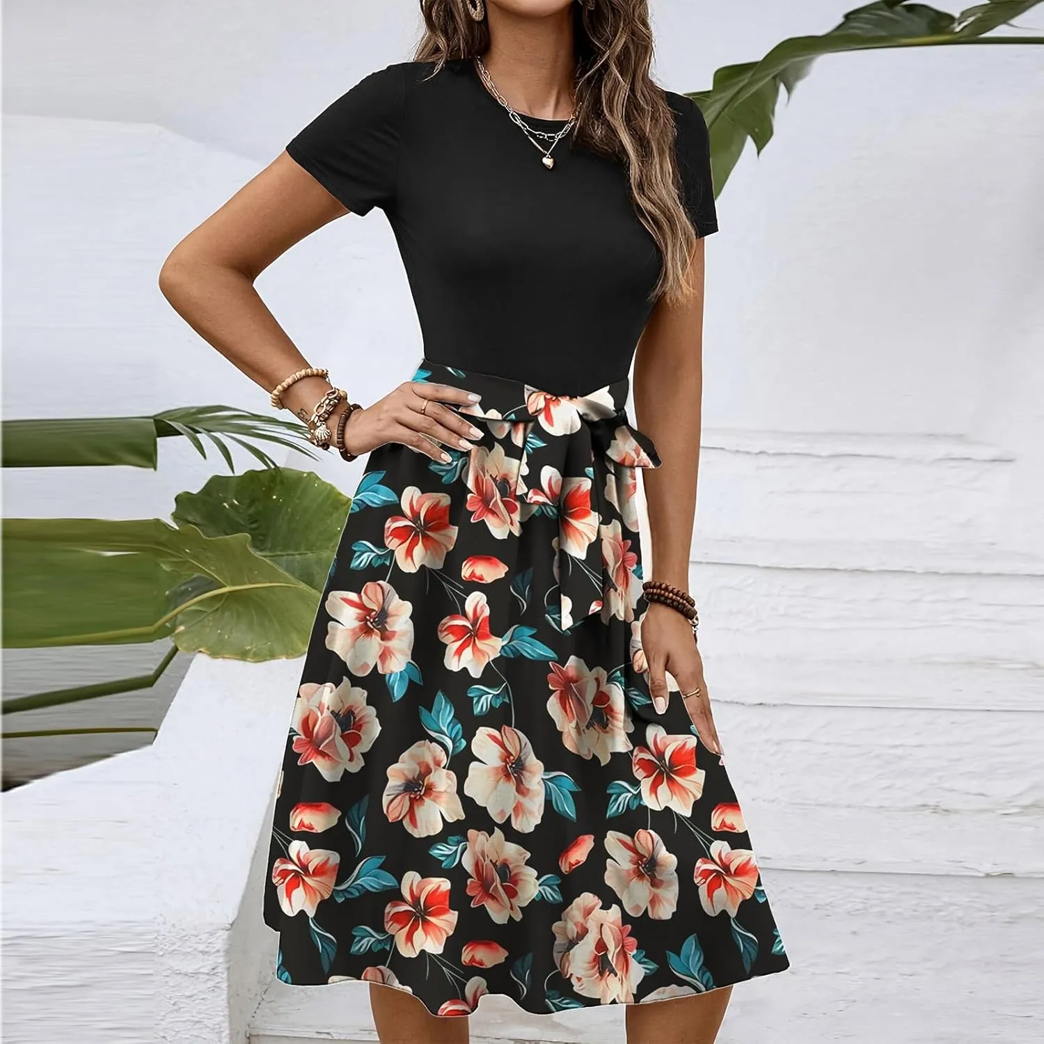 Women's Short Sleeve Dresses Empire Waist Floral Printing Crewneck Color Blocked Belt Casual Midi Length Dress