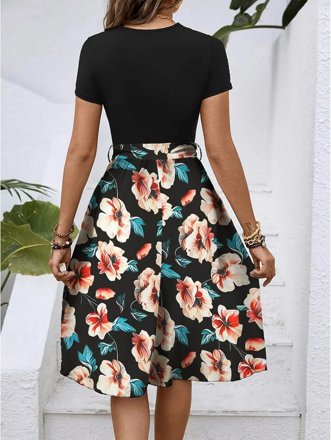 Women's Short Sleeve Dresses Empire Waist Floral Printing Crewneck Color Blocked Belt Casual Midi Length Dress