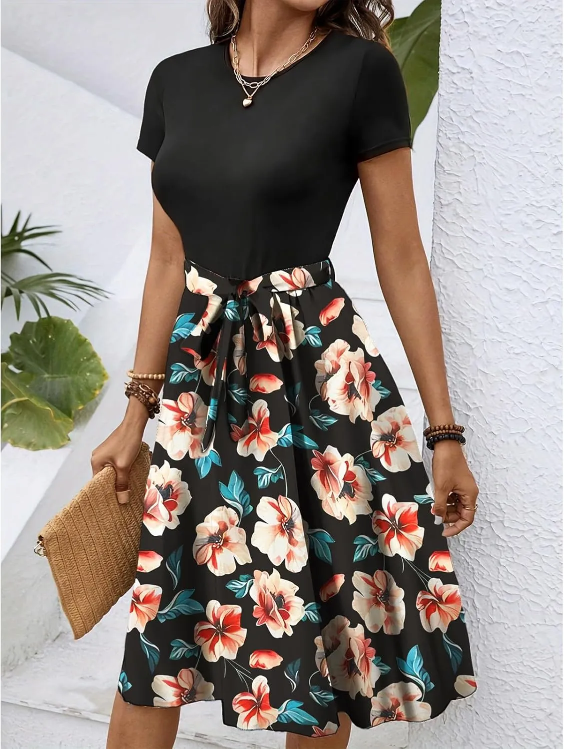 Women's Short Sleeve Dresses Empire Waist Floral Printing Crewneck Color Blocked Belt Casual Midi Length Dress