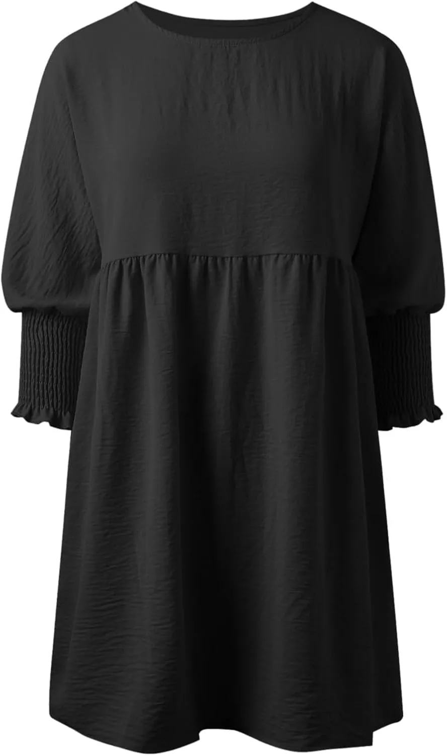 Womens Smocked Crewneck Button Up Long Sleeve Empire Waist A-Line Mini Dress 2025 Casual Swing Dresses