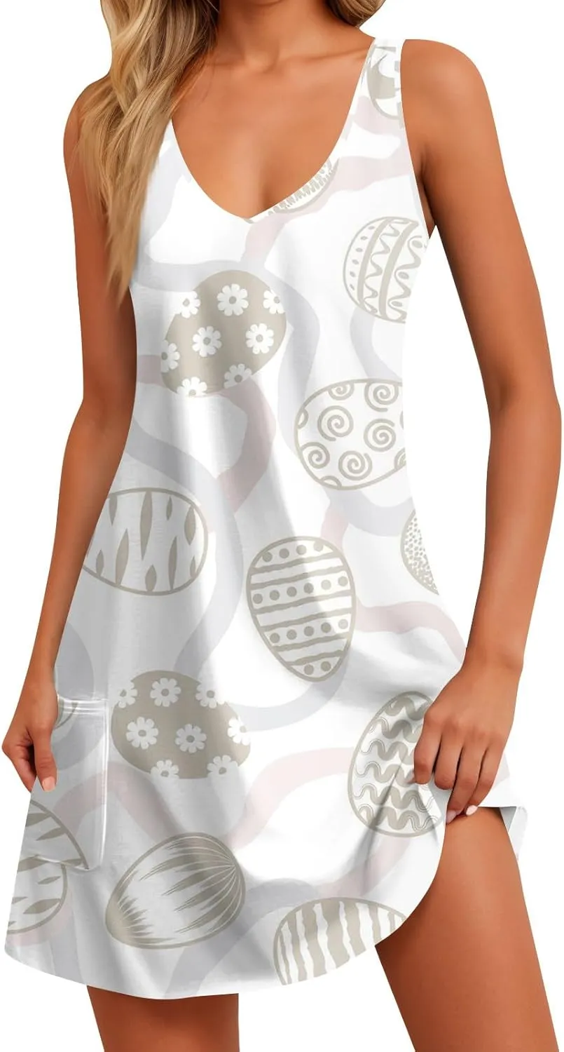 Womens Summer Dresses Sleeveless V Neck Swimsuit Coverup Casual Vacation Dress with Pocket Beach Printed Sundress