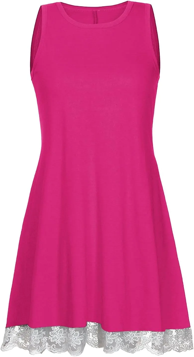 Womens Summer Tank Dresses Lace Hem Mini Dress Casual Sleeveless Sundress Beach Vacation Dresses with Pockets