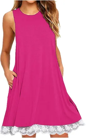 Womens Summer Tank Dresses Lace Hem Mini Dress Casual Sleeveless Sundress Beach Vacation Dresses with Pockets