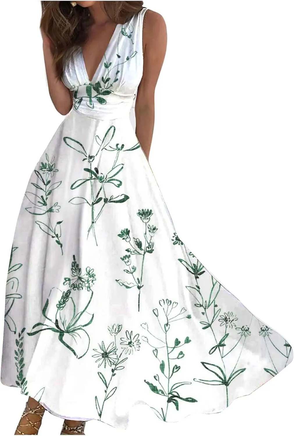 Women's Sundresses 2025 V-Neck Floral Print Sleeveless Casual Swing High Waist Long Maxi Dress, S-3XL